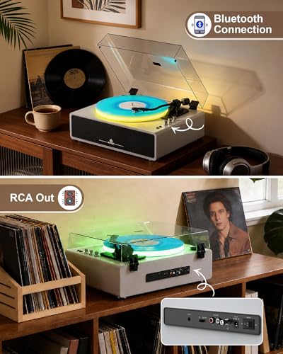 Image of Record Player with Built-in Four Stereo Speakers, Three LED Lighting Modes, AT-3600L Cartridge, All-in-one Vinyl Record Player Support Bluetooth Playback Auto Stop 33&45 RPM Speed RCA Out AUX in White