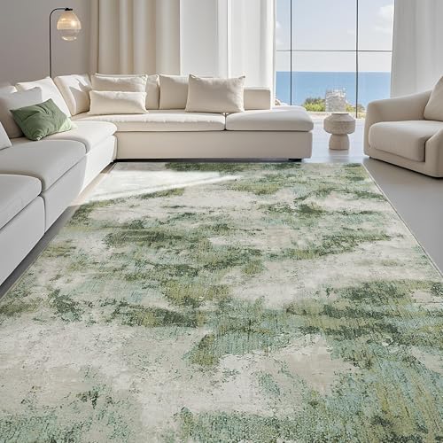 Carvapet 9x12 Large Green Rugs for Living Room Bedroom Dorm, 9 x 12Washable Sage Green Modern Abstract Low Pile Carpet with Rubber Backing, Foldable, Non Slip Thin Area Rug