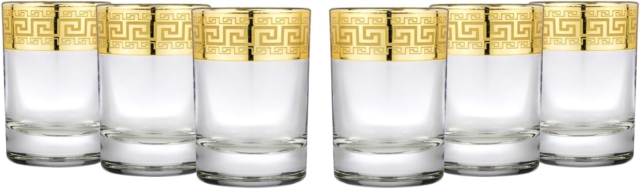Joseph Sedgh Collection Greek Key Shot Glasses Set of 6-2 oz Heavy Base, Round Cylinder. Ideal for Tequila, Vodka, Aperitif, Espresso. Dishwasher Safe Premium European Grade Glassware