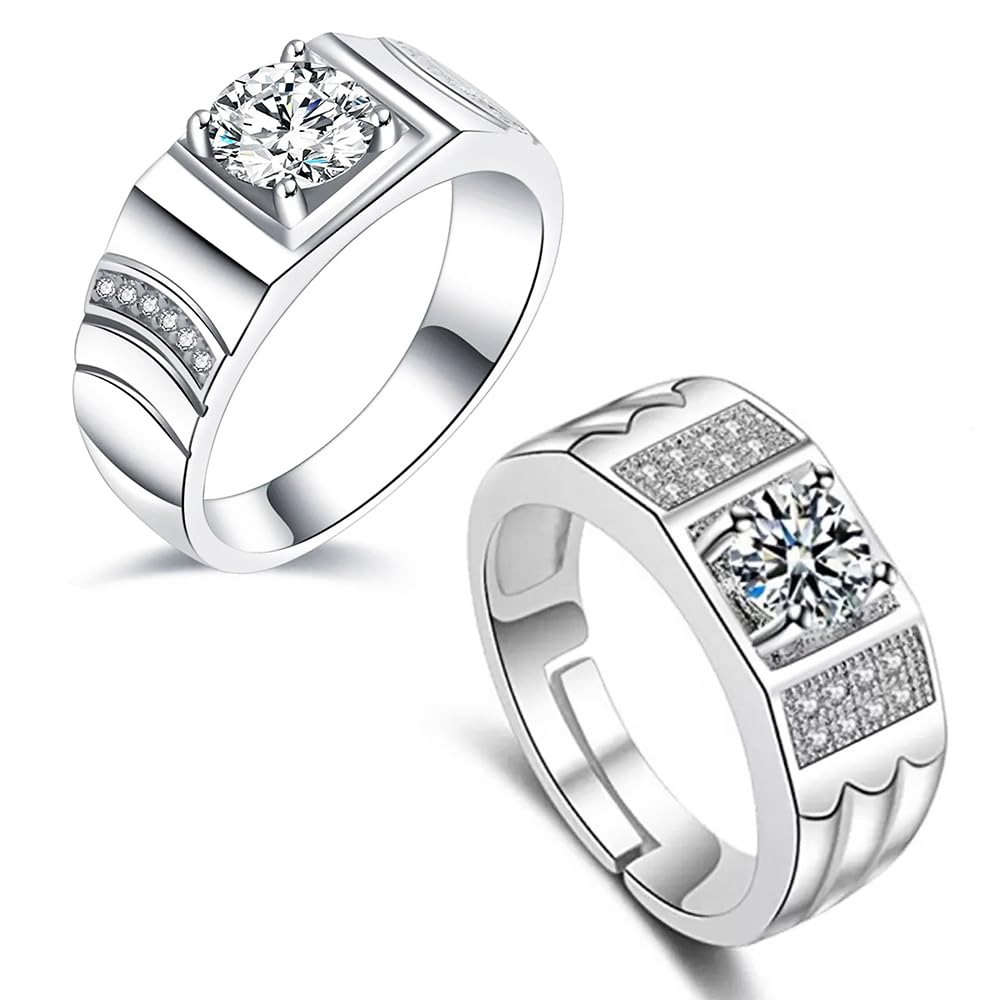Ring for Men combo Mens couples American diamond Solitaire AD CZ stone thumb Band Stylish proposal Adjustable Silver Finger ring Boys Boyfriend Friends Platinum Valentine gifts Anniversary 382-image-41