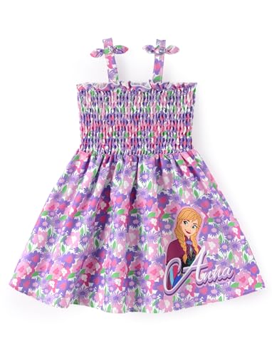 Disney Frozen Anna Girls Dress Purple Floral Print Bow Tie Straps Smocked Sundress Birthday Party School Casual Summer Outfit Clothes Size 8-9
