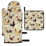 Cute Country Farm Rooster Oven Mitts and Pot Holder Sets - Old Newspaper Animal Print Waterproof Hot