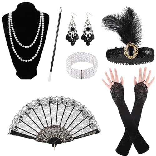 7 Piezas Accesorios Años 20 Mujer, Fiesta Disfraz Vestido de los Años 20, Juego de 1920, Flapper Gatsby, Conjunto de Fantasía Charleston para Halloween Navidad Fiestas