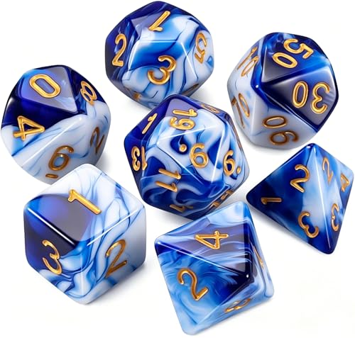 QMAY DND Dice Set - 7Pcs Blue Mix White Polyhedral Dice with Black Dice Bag