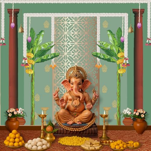 Image of Party Propz Traditional Backdrop Decoration Cloth -1Pc 8ft*5ft Ganpati Decoration Setup for Home,Varalakshmi Pooja Decorations Items, Krishna Janmashtami Decorations, Haldi Decor, Annaprasana Decor