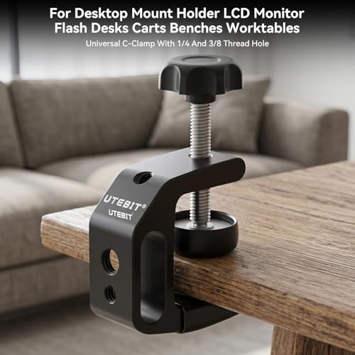 Image of UTEBIT Desk C-Clamp for Desktop Mount Holder, Aluminum Universal Table Clamp with 1 /4 and 3 /8 Thread Hole, 0.36 inch-1.2 inch Desktop DSLR Mount for Shelves, Desk, Rods, Camera