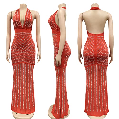 Image of PORRCEY Women's Sexy Rhinestone Mesh See Through Party Night Prom Dress