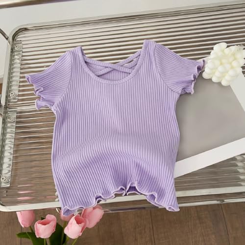 Girls Summer Outdoor Causal Blouse Trendy Ribbed T-Shirt Solid Color Short Sleeve Crossing Neck Shirts Tops4