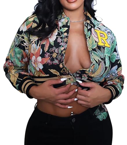 KANSOON Varsity Jacket Women Bomber Textured Floral Cropped Jackets Letterman Snap Buttons Long Sleeves Coats