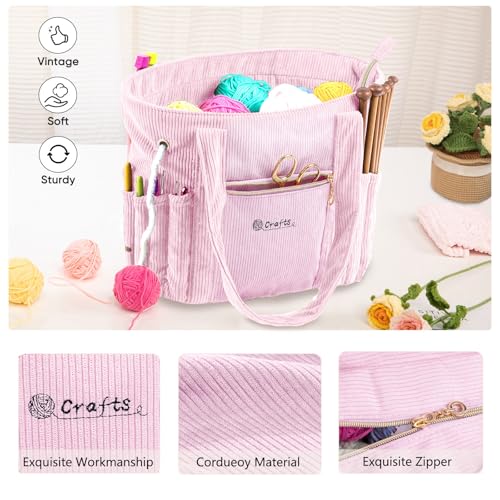 Image of MYBAGZING Corduroy Crochet Bag 11.5 inch Large Yarn Storage Tote with Grommets, Needle Holders - Knitting Bag Organizer for Crochet Hooks, Accessories, Tools & Projects -Gift for Knitters & Crafters