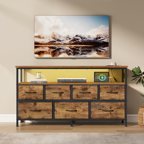 SONGMICS BELLAH Collection - Commode Chambre, Meuble de Rangement, Éclairage LED Réglable, Multiprise, 1 Étagère, 7 Tiroirs en Tissus, Style Industriel,...