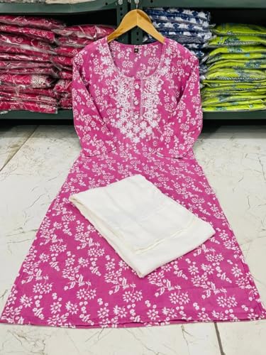 Image of Women Rayon Embroidered Straight Kurti (Pink & White) LD-110-Pink Kurt