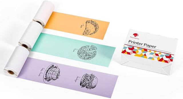 Phomemo Paper for M02, M02S, M02PRO, M03, M03AS, M04S, M04AS Pocket Mini Printer, Black Printout on Mint Green/Purple/Orange Sticker Paper, 53mm x 3.5m, Diameter 30mm, 3 Rolls