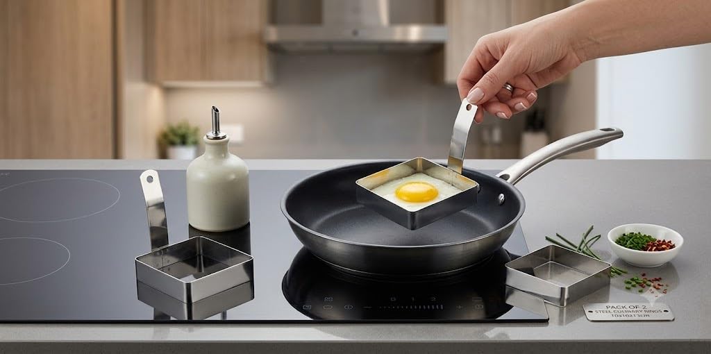 Dynore Stainless Steel Square Egg Ring with Handle- Set of 2 2