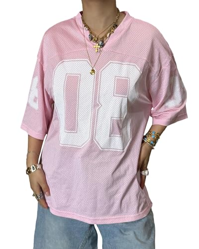 Damen Y2K Basketball-Trikot, Nummer, Grafik, V-Ausschnitt, kurze Ärmel, übergroßes T-Shirt, lockere Passform, Blokecore ästhetische Kleidung, Rosa a, S Damen Y2K Basketball-Trikot, Nummer, Grafik, V-Ausschnitt, kurze Ärmel, übergroßes T-Shirt, lockere Passform, Blokecore ästhetische Kleidung, Rosa a, S