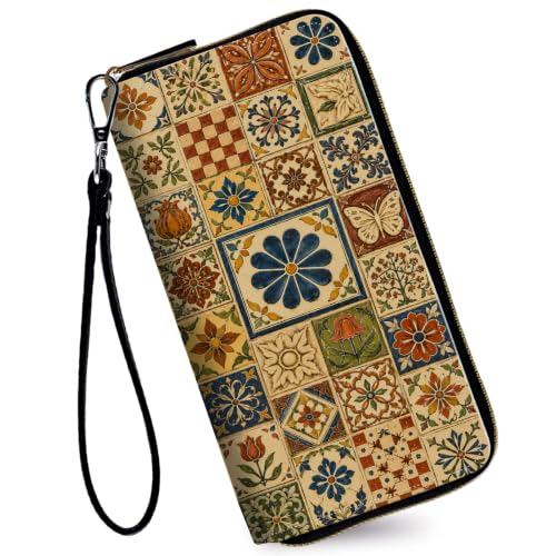 Image of Women's Wallets Credit Card Holder Money Leather Long Wallet | Long wallet with Wristlet,Large Capacity with Zip-Around Phone Purse for Women Ladies Girls,Floral Tile