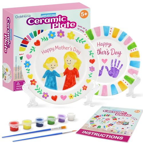 goldentime Ceramic Plate Painting kit for Kids and Adults Including 2 Ceramic Plates to Paint, with 12 Paints, 2 Brushes and 2 Stands - Perfect as DIY Home décor or Gifts for Bithday Christmas