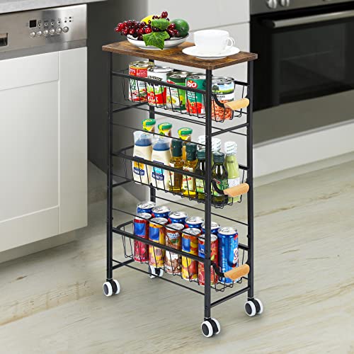 4-Tier Slim Storage Cart With Slide-Out Wire Baskets, Kitchen Rolling Utility Cart Narrow Storage Shelf With Wooden Tabletop & Wooden Handle & Wheels For Bathroom Laundry Kitchen Narrow Spaces #TOP6