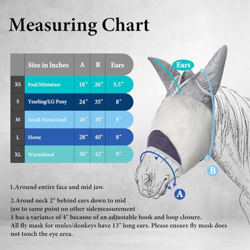 Horse Fly Mask, Super Comfort Fly Masks for Horses, Adjustable UV Protection Breathability Horses Fly Masks with Ears, Pony Mini Equine Fly Mask for Miniature Foal Draft Cob Srabian Full (Gray, L)