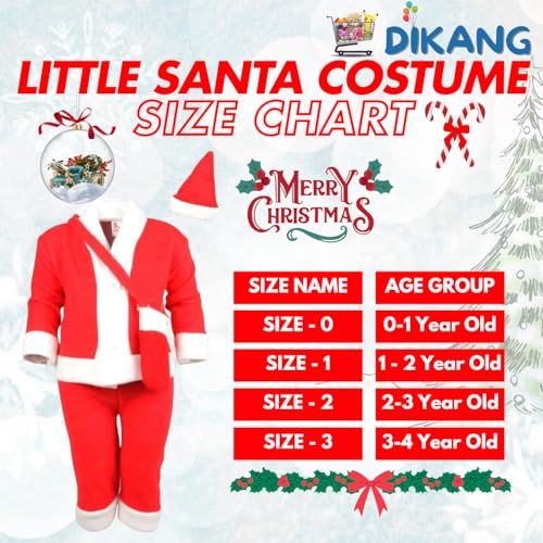 Image of DIKANG Santa Claus Dress for Kids - Unisex | Premium Santa Claus Christmas Dress for Baby Boys and Girls | Santa Costume Set for Kids with Jacket, Pant, Cap and Pouch for Christmas Party