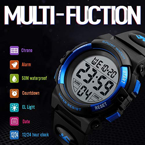 KIDPER Kids Digital Watch, Boys Sports Waterproof Led Watches with Alarm Wrist Watches for Boy Girls Children, Black, Digital,alarm,sport