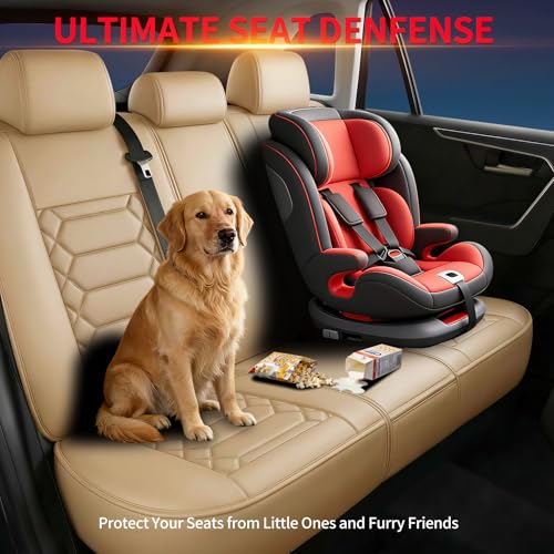 Image of Fit Sierra Car Seat Covers (5 Seats Full Set) Compatible with GMC Sierra 1500 /2500 /3500 2000-2026-Full Coverage Breathable Leather, Airbag Compatible, Waterproof & All-Weather,Beige