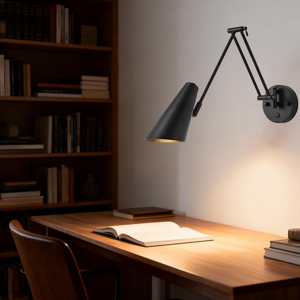 Schwenkarm Wandleuchte Leselampe Verstellbar mit E27 Fassung Nachttisch de Wall Scone Lange Dimmbar Wandlampe für Schlafzimmer Büro Studie Esszimmer,Schwarz,B1