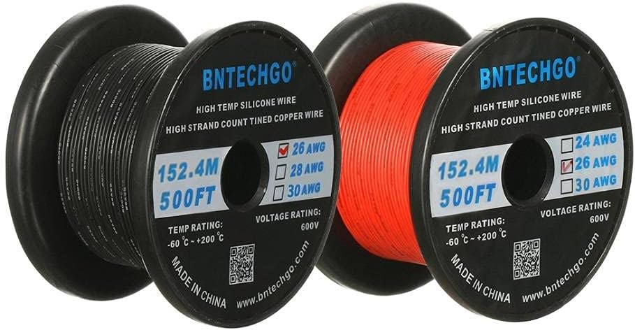 BNTECHGO 26 Gauge Silicone Wire Spool Red and Black Each 500ft Flexible 26 AWG Stranded Tinned Copper Wire