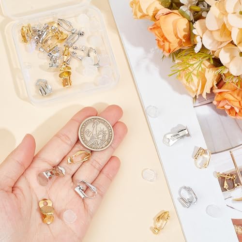 SOFPLATE 1 Box 32Pcs 8 Style Gold Earring Converter Silver Earrings Clip Back Brass Non Pierced Real 18k Gold Plated with Pad Flat Round Screw Back Clip on Earring Findings for jewellery Making Suppli - Image 3