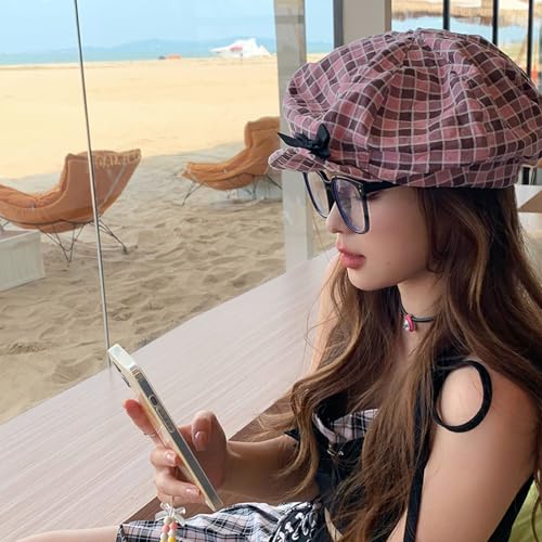 Adult Lattice Hat Girls French Hat with Bowknot Hot Girls Woman Painter Taking Photo Camping Hat Pink3