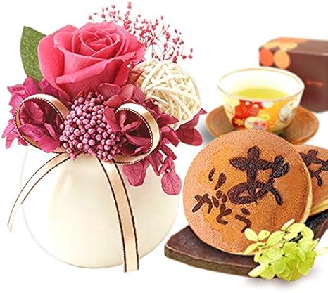 Amazon おいもや バラ ミニサイズ どら焼き 花とスイーツ プリザーブドフラワー アレンジメント マダムポット 白 どらやき プリザーブドフラワー オンライン通販