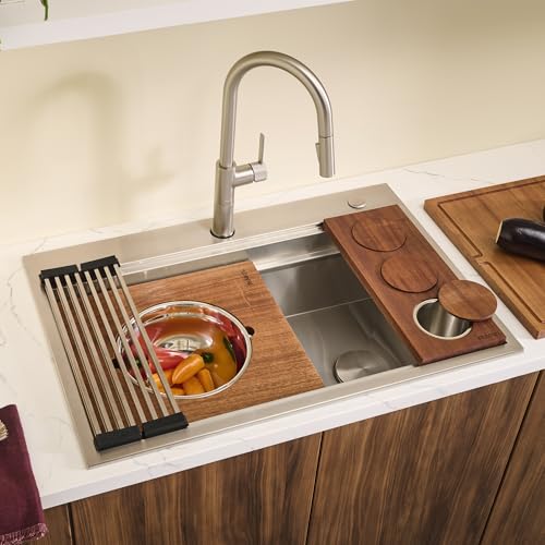 Image of Ruvati 33-inch Two-Tiered Ledge Workstation Kitchen Sink - Drop-in Topmount Kitchen sink - 16 Gauge Stainless Steel Kitchen Sink with Brushed Finish hides scratches - RVH8424