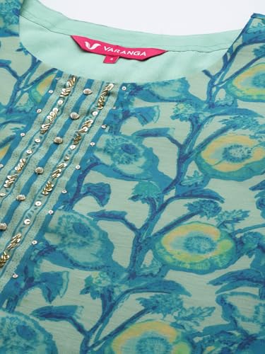 Image of Varanga Women Floral Printed Kurta Pant Set with Dupatta | Silk Blend Fabric | Summer Wear | 3 /4 Sleeve Round Neck | Lightweight & Comfortable Daily Wear