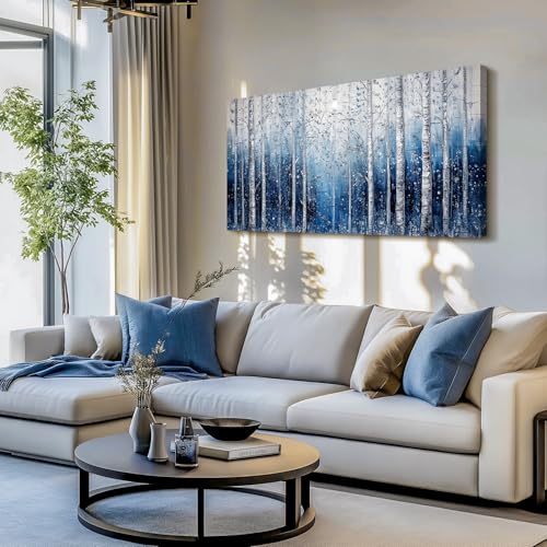 SERIMINO Birch Forest Wall Art, Nature Tree Extra Large Artwork, Spiritual Landscape Canvas Painting, Blue and White Aesthetic Pictures Wall Decor Living Room Bedroom Office Art Prints 30"X60"