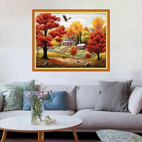 Image of Redxing Stamped Cross Stitch Kits Embroidery kit for Beginners Adults Full Range of Embroidery Patterns Starter Kits DIY Printed Cross Stitch Kits Needlepoint Kits 11CT-Autumn Scenery 16x20 inch