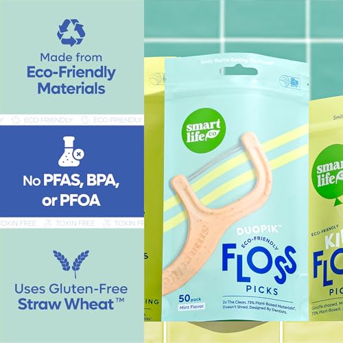 Image of SmartLifeco Eco-Friendly Dual-Thread Dental Floss Picks (100ct) - Flossers Made with Straw Wheat Blend, Superior Anti-Shred for Tight Gaps, Tooth Pick Stick for Adults, Soft on Gum & Teeth, Mint