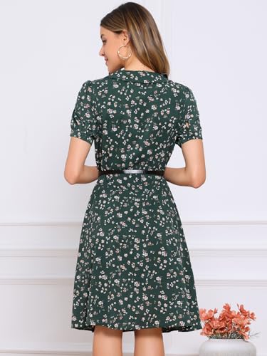 Image of Allegra K Women's Peter Pan Collar Tie Neck Short Sleeves A-Line Elegant Belted Vintage Floral Dress
