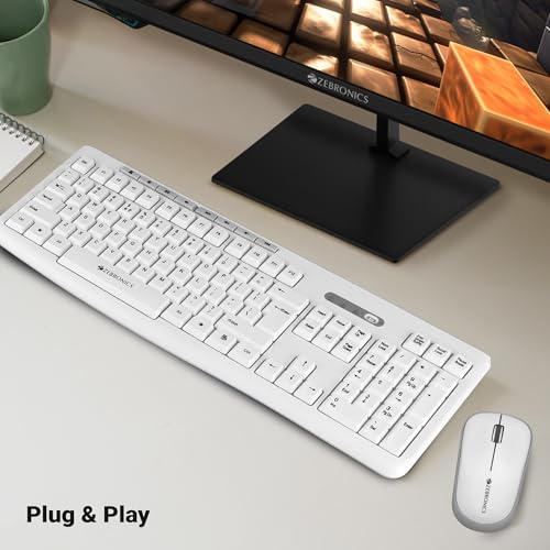 Image of Zebronics Wireless Keyboard & Mouse Combo, 112 UV-Printed Keys, ₹ Key, 8 Multimedia Keys, Retractable Stand, 3 Button Mouse, 1200 DPI, High Precision, USB Nano Receiver (Companion 112, White)