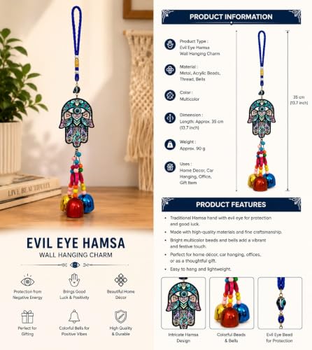Image of Evil Eye Hamsa Wall Hanging Charm - Multicolor Traditional Protection Amulet with Colorful Beads and Bells for Home Decor, Office, Car, and Gifting (35 cm)