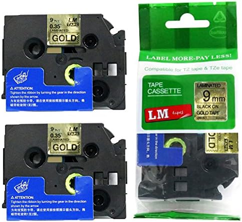 LM Tapes - 2/Pack Premium 3/8" Black Print on Gold Label (9mm 0.35 Laminated) Compatible with P-Touch TZe-821 Tape and Comes with Great Tape Color/Size Guide for Easy reordering.