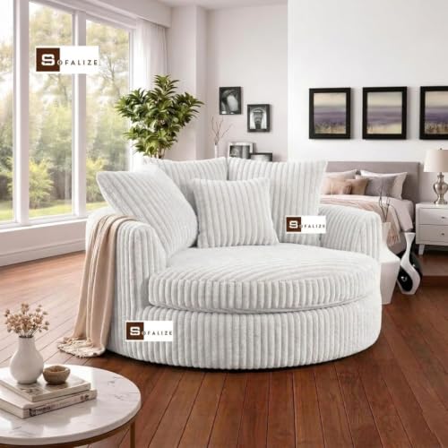 Image of SOFALIZE - Modern Barrel Accent with Pillows Round Sofa Combines Contemporary Design Oversize Arm Chair Cozy Club Chair for Bedroom, Living Room, Lounge, Hotel & Office, Hallways (White)