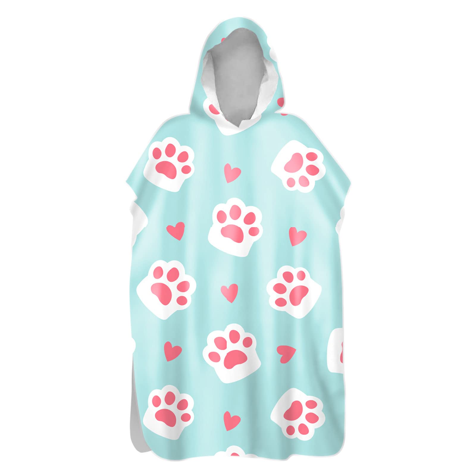 Chickwin Changing Dry Robe Towel Poncho for Adult Kid, Cat Printed Poncho with Hooded Swim Beach Towel Microfibre Beach Surfing Swimming Robe (Love footprints,80x145cm)