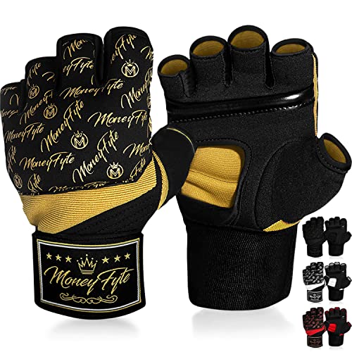 Quick Gel Boxing Wraps Under Boxing Gloves - Kickboxing MMA Muay Thai - Fist, Knuckle, Wrist Wrap Protection Inner Glove Hand Wraps - Men Women Kids - MoneyFyte (Black/Gold, L/XL)
