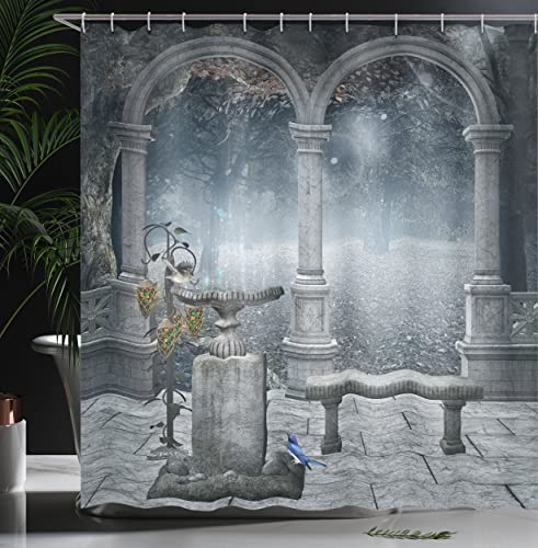 ABAKUHAUS Gothic Shower Curtain, Fictional Middle Age Mythical Stone Bench Balcony Building with Hummingbird Graphic Print - Image 3