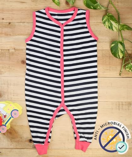 Image of Black striper sleeveless full-length bodysuit romper for baby