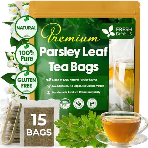 Image of Premium 15 Parsley Leaf Tea Bags, 100% Natural & Pure from Parsley Leaves. Loose Leaf Parsley Herbal Tea. Parsley Leaf Tea. Made with Natural Material Tea Bags. No Sugar, No Caffeine, No Gluten, Vegan.