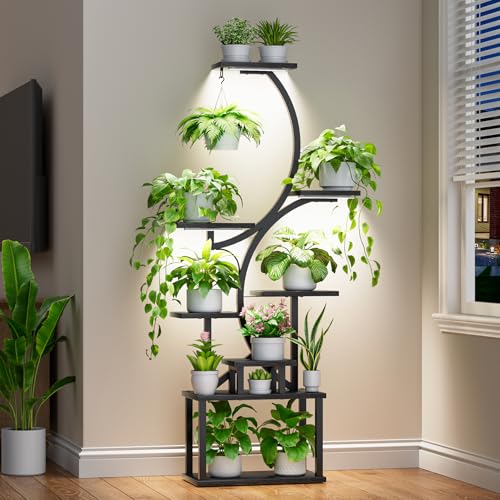 Image of Plant Stand with Grow Lights for Indoor Plants, 8-Tiered Tall Corner Plant Shelf with Full Spectrum Light, S-Shaped Space-Saving Narrow Flower Holder, Anti-Tip for Living Room Bedroom Office, Black
