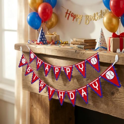 Image of Baseball Happy Birthday Banner Red Blue White Party Decorations,17Pcs Paper Bunting Birthday Supplies for Sports Theme Party,Baby Shower