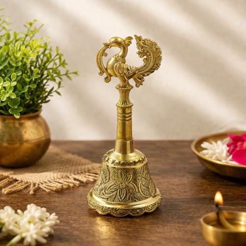 Image of Craftvatika Brass Hand Bell for Pooja Ghanti for Mandir, Peacock Design Hand Bell Ghanti, Pooja Decoration Items, Home and Office Temple Prayer, Festive Decor Bells (11.5 CM Height, Golden)