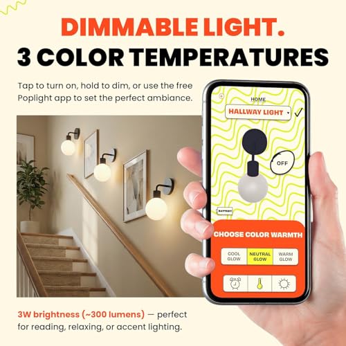 Image of Poplight Wireless Wall Sconce (Shark Tank) Rechargeable & Dimmable LED Light w /App Control & Damage-Free Install, Moveable Modern Ambient Lighting for Elegant Home & Bedroom Decor | Matte Black